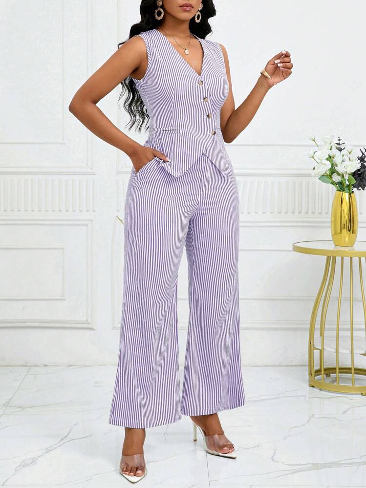 SHEIN Lady 女士条纹单排扣背心和裤子休闲套装 - 紫色 - 查看 4