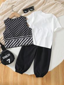 SHEIN Young Boy Geometric Pattern Vest, Cartoon Character Printed T-Shirt, And Pants 3 Piece Casual Outfit Set - Black and White - View 2