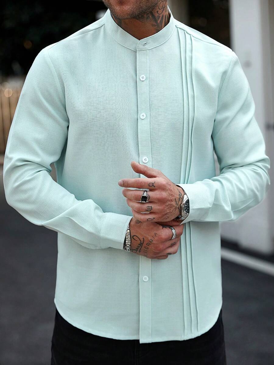 Manfinity Homme Men's Casual Business Commute Solid Color Long Sleeve Button-Up Shirt,Men's Solid Color Texture Casual Wrinkle Double Patch Bag Commuting Light Mature Long Sleeved Button Up Shirt - Green - View 1