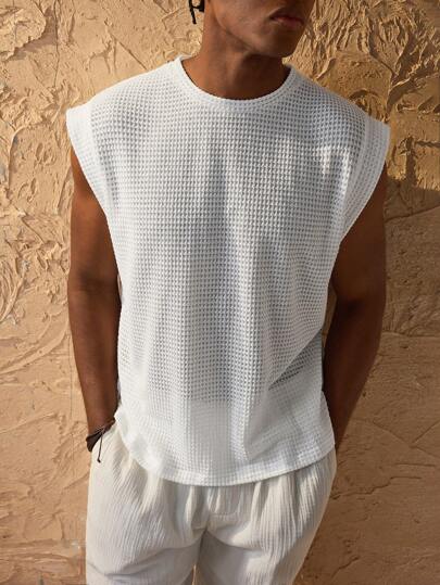 Forever 21 Męska jednokolorowa bluzka z okrągłym dekoltem, bez rękawów, casualowa, do noszenia na co dzień