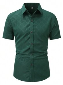 Manfinity Mode 男士短袖前扣衬衫，简约休闲日常上衣 - 墨綠色 - 查看 1