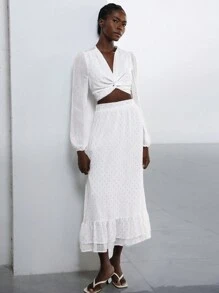 Femmeiva Women 2 Pieces Metallic Thread Polka Dot Twist Front Long Sleeve Crop Top And Asymmetrical Ruffle Hem Skirt Set Fall Cloth For Women - White - View 2