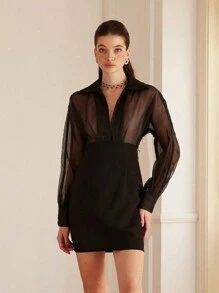 GENKIRA Vestido corto negro elegante y de alta gama con mangas largas transparentes de organza patchwork - Negro - Ver 5
