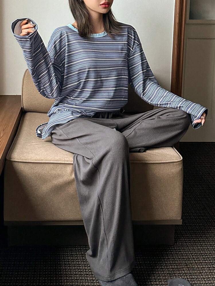 Casual Striped Top And Solid Pajama Pants Homewear Set