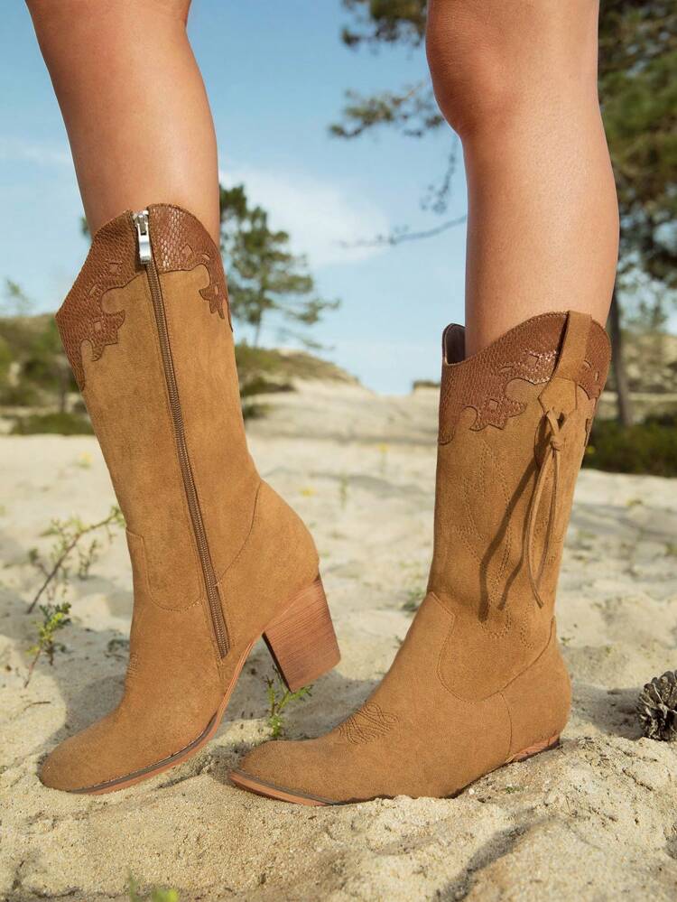 Women's Fashionable Western Style Chunky Heel Tall Boots, BOHO Outfit, American Retro Bohemian Western Music Festival Party Christmas Halloween Outfit