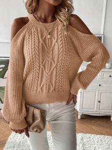 SHEIN LUNE Women's Solid Color Round Neck Open Shoulder Long Sleeve Casual Pullover Sweater Knit Pullover Fall Winter Sweater - Pink - View 3