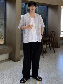 DAZY Summer Pattern Hollow Design Cardigan Men's Short Sleeve Knit Top - Khaki - View 7