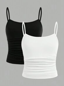 SHEIN Girlism Tween Girl Tween Girls 2 件套简约舒适褶饰吊带背心文胸 - 黑與白 - 查看 1