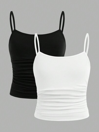 SHEIN Girlism Tween Girl Tween Girls 2pcs Set Minimalist Comfortable Ruched Camisole Bralette Packs Plain Tops For Girls Tops For Teen Girls Teen Girls Tops
