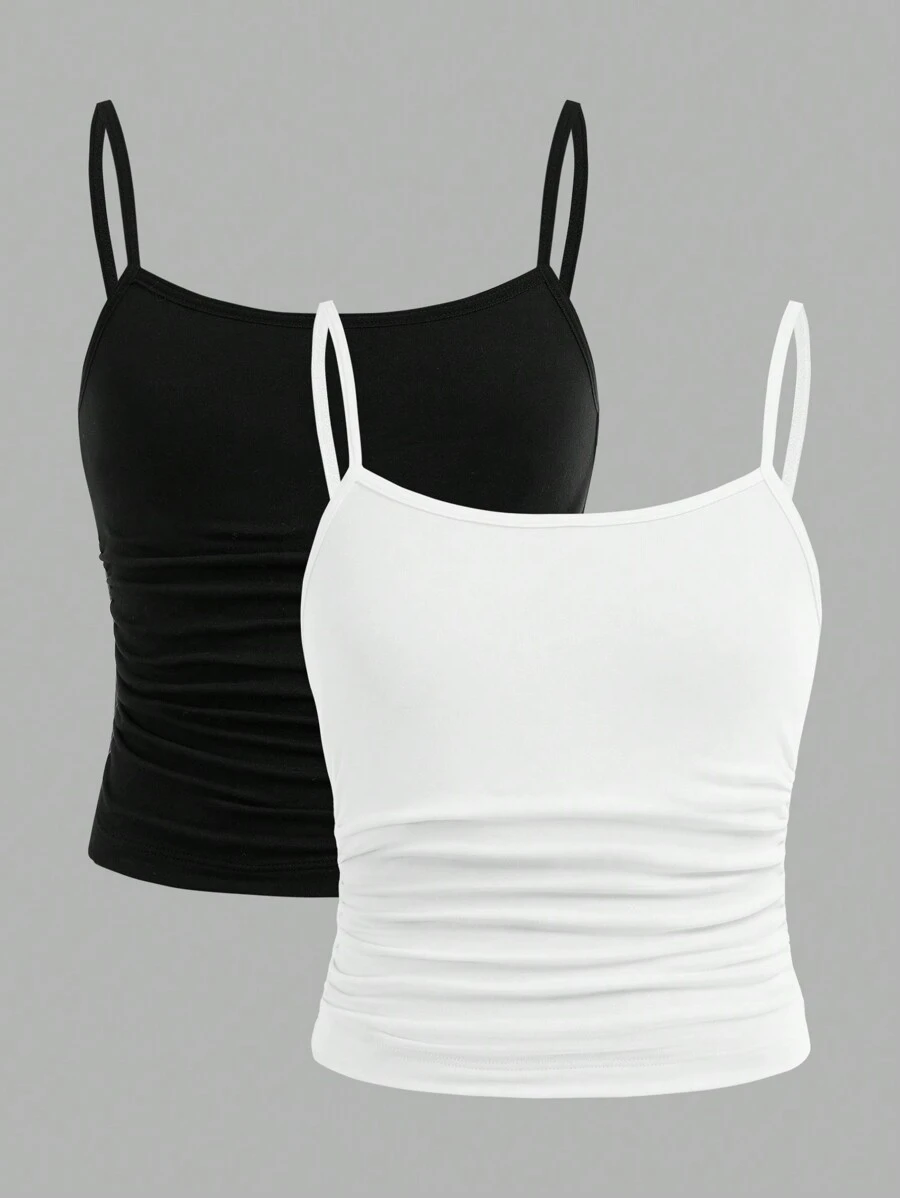SHEIN Girlism Tween Girl Tween Girls 2 件套简约舒适褶饰吊带背心文胸 - 黑與白 - 查看 1