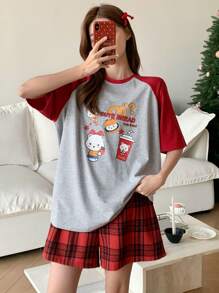 DAZY 2pcs Cartoon Print Raglan Sleeve T-Shirt & Plaid Shorts Pajama Set For Women - Grey - View 4