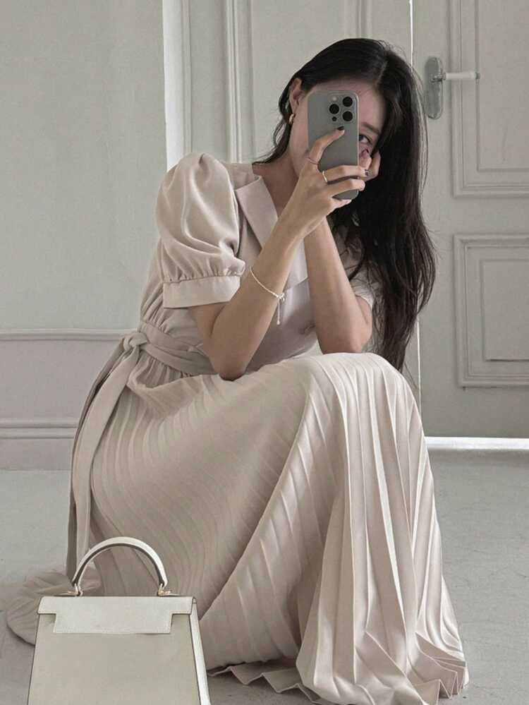 Women's Solid Color Turndown Collar Short Sleeve Ruffle Waist Mid-Calf Dress, Apricot Color, Spring/Summer Milkmaid Dress Sundress Maxi Dress