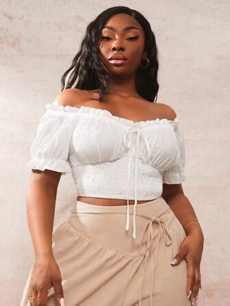 SHEIN SXY Plus Size Women's Bohemian Solid Color Ruffle Off Shoulder Short Sleeve Blouse For Summer