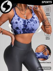Innovista Woman Activewear Seamless Sports Bra, Tie Dye Print High Elastic Push Up & Support Sports Gym Top, Breathable & Dry Fit Dynamic Print Workout Offits, Fitness,Outdoor,Cycle,Bike,Running,Boxing,Strength,Cardio,Yoga,Party,Music Festival,Versatile.Tank,Vest,Spring,Underwear,Base Layer,Tracksuit,Blue,Valentine's Day