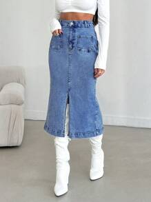 RueChic Mid Waist Back&Front Slit Denim Skirt
