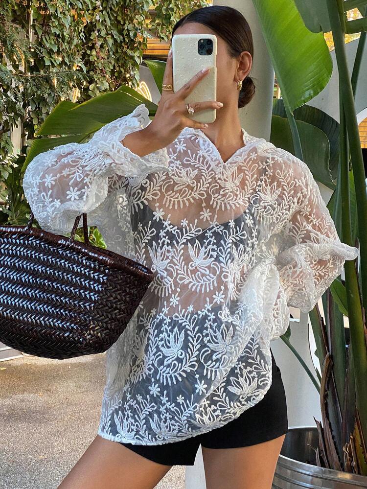 Women's Organza Hooded Drawstring Sheer Lace Ruffle Splicing Long Sleeve Blouse, Beach, Fall Women