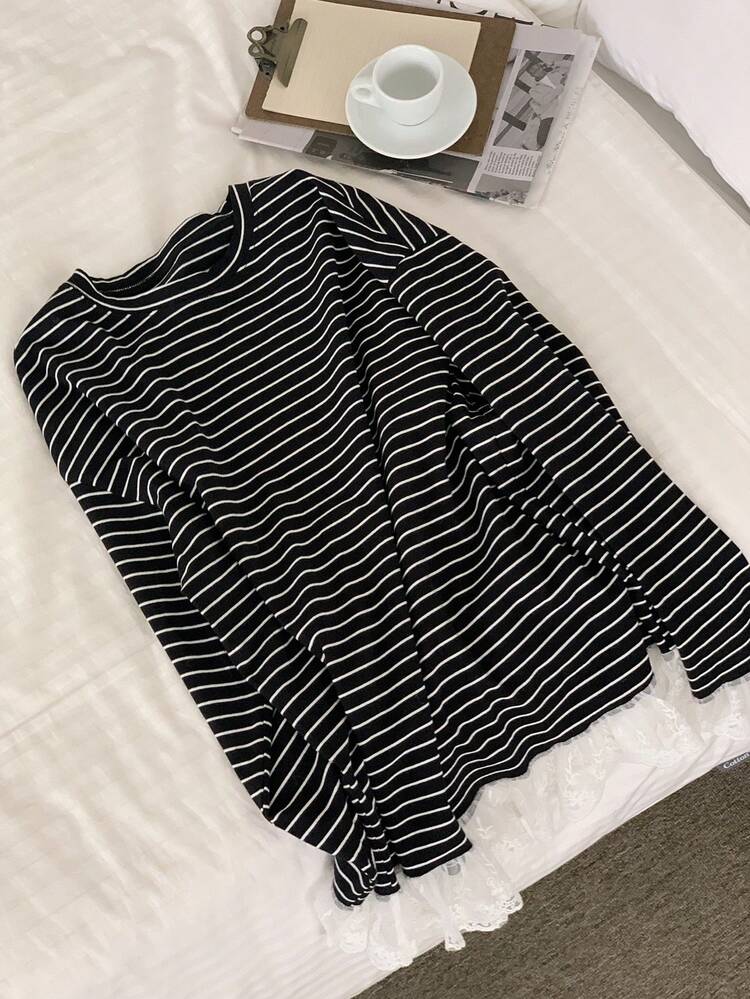 Women Lace Patchwork Striped Loose Long Sleeve T-Shirt