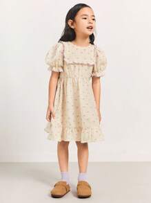 THE HAPPY LOOK Young Girls' Polka Dot Pattern Woven Fabric Round Neck Ruffle Trim Puff Sleeve Gathered Waist Flared Hem Color Block Dresses, Pastoral Style
