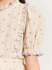 SHEIN Young Girls' Ruffled Collar Puff Sleeve Loose Polka Dot Printed Beige Blouse, Nature Inspired, Spring - Beige - View 5