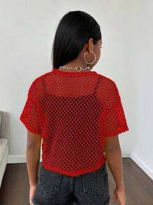 SHEIN Tween Girl 活力街头风透气网眼针织圆领短袖上衣 - 紅色 - 查看 2