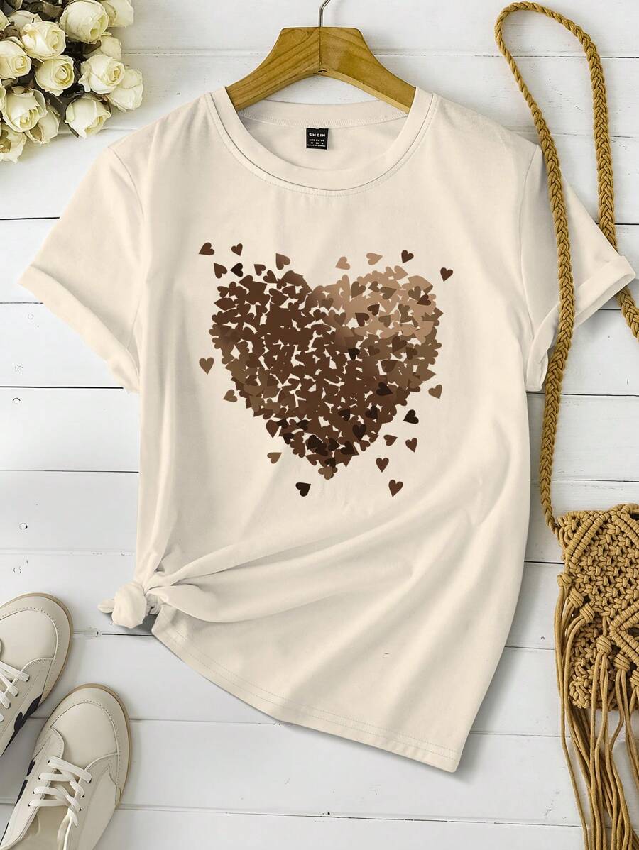 INAWLY Women Heart Graphic Fitted Casual T-Shirt, Valentine's Day Graphic Tees Women Tops - Apricot - View 1