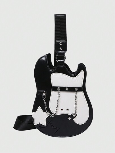 Grunge Punk 1pc Black & White Guitar Pattern Chain Shoulder Bag With Star Decor