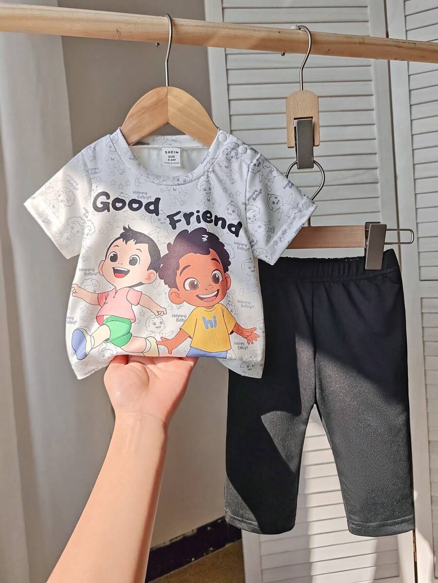 男女通用男婴服装，可爱卡通印花短袖 T 恤搭配黑色慢跑裤套装，适合宝宝春夏季穿着 - 彩色 - 查看 1
