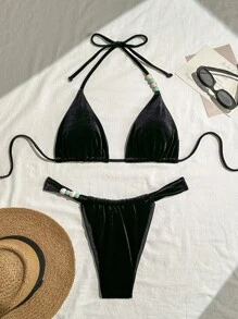 SHEIN Swim Women's Stretch Velvet Sexy Solid Color Bikini Set, Suitable For Swimming And Beach Vacation, Colorful Pearl Swimwear For Summer Beach