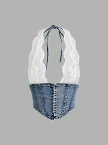 SHEIN ICON Women's Y2k Fashionable Sexy Lace Patchwork Backless Halter Denim Corset Top - Medium Wash - View 2
