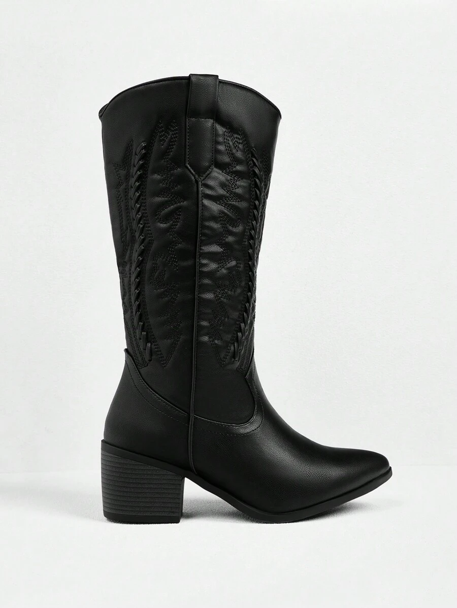 Styleloop 女士黑色粗跟中筒靴，适合日常穿着，波西米亚风格，美式复古，波西米亚风，西部风，音乐节，派对，圣诞节，万圣节 - 黑色 - 查看 1