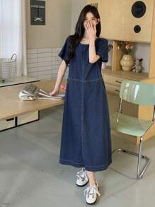 DAZY 女士休闲洗水牛仔短袖连衣裙夏季 - 藍色 - 查看 1