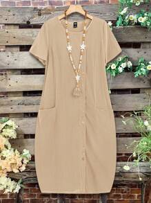 EMERY ROSE 女士纯色圆领短袖双口袋纽扣连衣裙 - 卡其色 - 查看 6