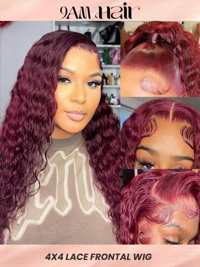 Density Pro Transparent Lace Front Pre Plucked Water Curly Wave 4X4 Human Hair Wig 99J 200% Density Frontal Wig For Women Burgundy Color