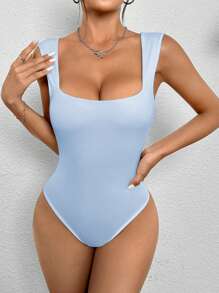 SHEIN PETITE Solid Scoop Neck Tank Black Bodysuit - Baby Blue - View 6