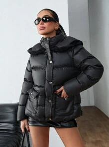 EURMUSE Faux Fur Detailed Hoodie Zip Up Two Front Pocket Winter Coat - Black - View 1