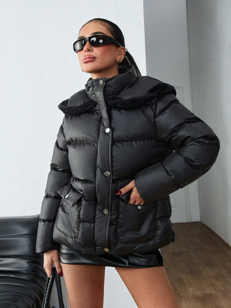 EURMUSE Faux Fur Detailed Hoodie Zip Up Two Front Pocket Winter Coat - Black - View 1