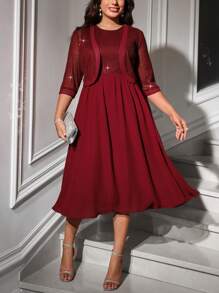 Ellevyn Ensemble 2 pièces de la Saint-Valentin, grande taille. Ensemble élégant pour femme avec veste en patchwork de sequins et de mousseline, et robe rouge à encolure ronde sans manches. Ensemble pour les rendez-vous et les fêtes, vêtements de printemps - Rouge foncé - Voir 5