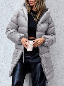 EURMUSE Flap Pocket Drawstring Waist Hooded Puffer Coat