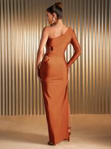 Hauture Women's Rusty Orange Slinky Jersey One Shoulder Long Sleeve Side Cut Out Pleated Maxi Dress,Autumn 70's Night Out Party Disco Elegant Prom Gown - Brown - View 5