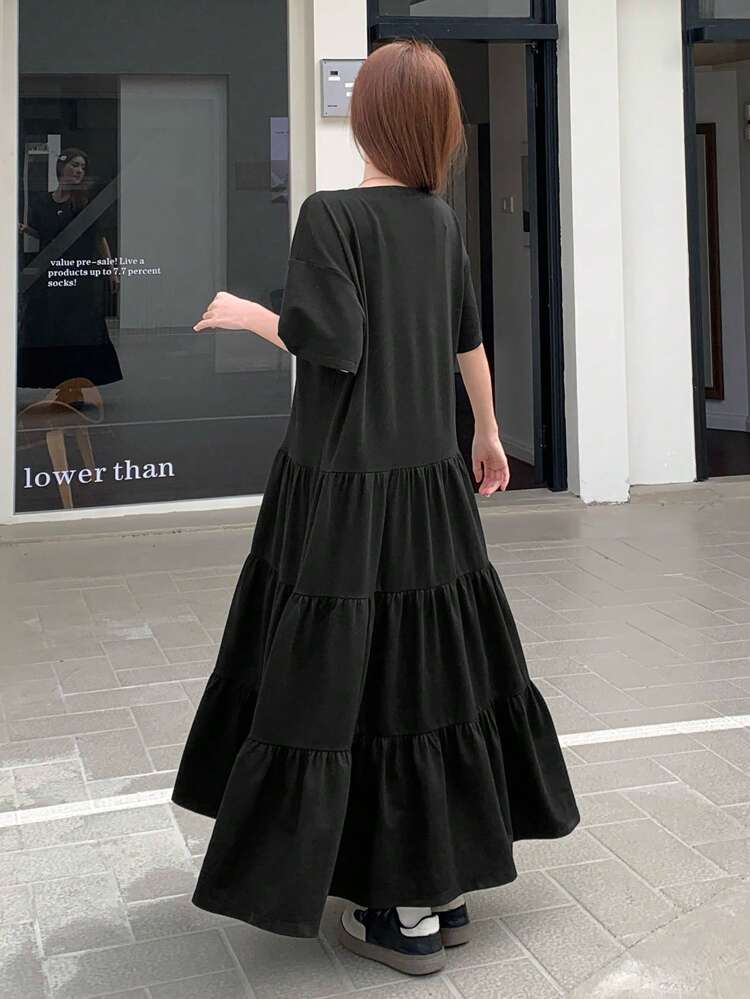 Women's Solid Color Round Neck Patchwork Mid-Length Dress