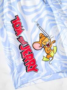 TOM & JERRY X SHEIN Shorts de plage pour hommes avec cordon de serrage à la taille et motif graphique de dessin animé