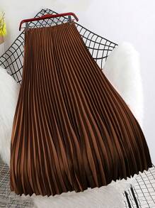 Franclia Plus Size Women Solid Color Elastic Waist Casual Pleated A-Line Skirt