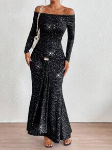 SHEIN Privé Elegant Off Shoulder Metallic Silver Decorative Button Mermaid Dress For Women, Party & Casual Wear, Spring/Autumn
