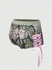 ROMWE Kawaii Y2K Low Waist Sexy Camo Print English Embroidered Bowknot Side Strap Plus Size Shorts - Army Green - View 1