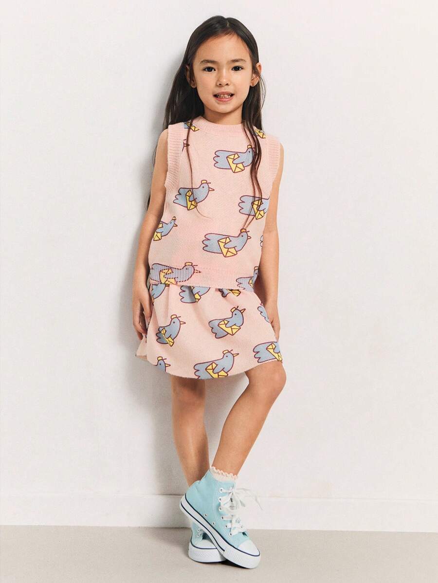 SHEIN Young Girls Winter Cute Bird Printed Elastic Waist A-Line Knit Skirt, Pink - Pink - View 1