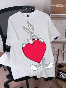 LOONEY TUNES X SHEIN 男士休闲卡通兔子印花圆领短袖情人节T恤，夏季