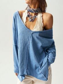 Bohemela Boho Women's Casual Solid Color V-Neck Long Sleeve Loose Washed Knit T-Shirt - Blue - View 6