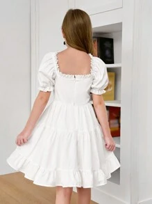 SHEIN Leap Crew Vestido de línea A con volantes en el bajo, manga corta con volantes y lazo delantero, color blanco sólido, elegante, para niña preadolescente, atuendo de princesa, para uso diario, para vacaciones - Blanco - Ver 10