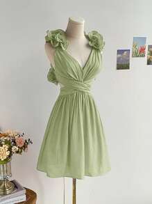 Soleia 浪漫田园浅蓝色夸张荷叶边 V 领褶皱露背交叉系带腰部 A 字迷你茶会复古连衣裙，女士度假/返校装春季 - 綠色 - 查看 3