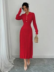 Chiquease Women's Solid Color Front Button Long Sleeve Casual Long Sweater Dress - Red - View 5